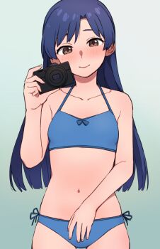 1girl black_panties blue_background blue_bra blue_hair blush bra brown_eyes camera closed_mouth collarbone commentary_request cowboy_shot hand_up holding holding_camera idolmaster idolmaster_(classic) idolmaster_million_live! idolmaster_million_live!_theater_days kisaragi_chihaya korean_commentary kwaejina looking_at_viewer mixed-language_commentary navel panties side-tie_panties simple_background smile solo standing straight_hair underwear