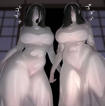 2girls black_hair breasts commentary_request covered_navel crossover dress hair_over_one_eye large_breasts long_hair looking_at_viewer multiple_girls pale_skin saeki_kayako soraoraora the_grudge the_ring translation_request white_dress yamamura_sadako