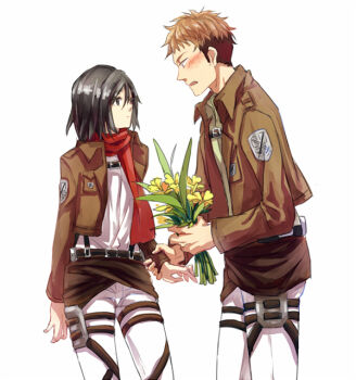 1boy 1girl bad_id bad_pixiv_id bad_tag black_hair blush brown_hair flower holding_another's_wrist incest infidelity jean_kirstein light_brown_hair llorein mikasa_ackerman military military_uniform multicolored_hair netorare netorase open_mouth out_of_character scarf shingeki_no_kyojin short_hair trash two-tone_hair