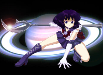 1girl back_bow bishoujo_senshi_sailor_moon blunt_bangs boots bow bowtie brooch choker circlet earrings elbow_gloves gem gloves high_heel_boots high_heels jewelry lace-up_boots miniskirt pirochi pleated_skirt purple_boots purple_bow purple_bowtie purple_choker purple_eyes purple_gemstone purple_hair purple_sailor_collar purple_skirt sailor_collar sailor_saturn saturn_(planet) shirt short_hair short_sleeves silence_glaive skirt solo star_(symbol) star_brooch star_choker star_ornament super_sailor_saturn tomoe_hotaru white_gloves white_shirt