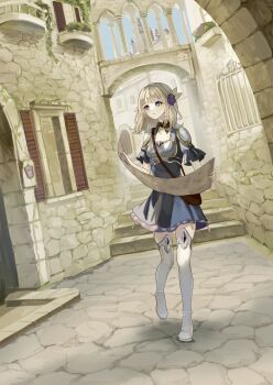 1girl alley arcade_(architecture) arch armor blonde_hair blue_dress blue_eyes boots braid braided_sidelock building castle chest_guard cobblestone commentary day detached_collar dress dutch_angle fantasy flower frilled_sleeves frills full_body hair_flower hair_ornament highres holding holding_map inaba_0717 map map_(object) medium_hair original outdoors parted_lips plant purple_flower purple_rose rose shoulder_armor sidelocks single_braid solo stairs standing thigh_boots thighhighs vines walking white_boots window window_blinds window_shutter windowsill zettai_ryouiki