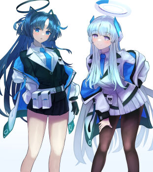 2girls absurdres aqua_necktie black_gloves black_jacket black_pantyhose black_skirt black_suit blue_archive blue_eyes blue_hair blue_necktie breasts collared_shirt commentary_request feet_out_of_frame formal_clothes gloves hair_between_eyes hair_ornament half_gloves halo hand_on_own_knee headgear headphones highres holding holding_pen id_card jacket large_breasts light_blush long_hair long_sleeves looking_at_viewer mechanical_halo millennium_science_school_logo miniskirt multiple_girls name_tag necktie noa_(blue_archive) open_clothes open_jacket open_mouth pantyhose pen pleated_skirt purple_eyes purple_hair school_uniform shirt sidelocks skirt skirt_suit smile suit tongari_kin triangle_hair_ornament two-sided_fabric two-sided_jacket two_side_up very_long_hair white_hair white_halo white_jacket white_shirt white_skirt white_suit yuuka_(blue_archive)