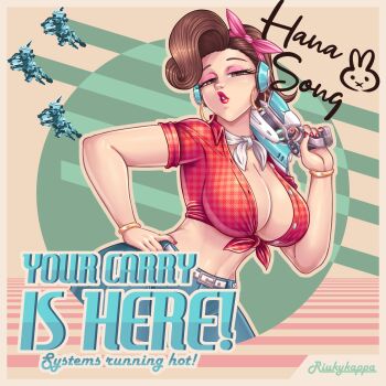 1girl 2023 absurdres alternate_costume arm_up artist_name ascot belt blue_pants bow bracelet breasts brown_eyes brown_hair cleavage collared_shirt commentary contrapposto cowboy_shot cruiser_d.va d.va_(overwatch) denim earrings english_commentary english_text gun hair_bow half-closed_eyes hand_on_own_hip headphones headscarf highres hip_focus holding holding_gun holding_weapon hoop_earrings jeans jewelry large_breasts lipstick logo_parody long_hair looking_at_viewer makeup mascara mecha midriff nail_polish navel one_eye_closed overwatch overwatch_1 pants pink_bow plaid_clothes plaid_shirt ponytail puckered_lips rabbit red_nails riukykappa robot seductive_gaze shirt short_sleeves signature smile solo stomach tied_shirt tight_clothes tight_pants unbuttoned unbuttoned_shirt weapon white_ascot