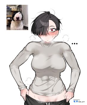 1girl absurdres artist_name blush dog hair_over_one_eye heavy_breathing highres long_sleeves looking_at_viewer messy_hair nisp_art original personification photo_inset pubic_hair pubic_hair_peek red_eyes reference_inset short_hair simple_background steaming_body toned toned_female white_background