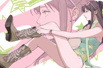 1girl ace_attorney alternate_costume amikoiiko apollo_justice:_ace_attorney boots brown_boots brown_hair collarbone cowboy_boots earrings ema_skye eyewear_on_head falling_star floral_print from_side full_body green_eyes green_one-piece_swimsuit half_updo highres jewelry knee_boots leather leather_boots leg_up long_hair multicolored_boots multiple_earrings one-piece_swimsuit open_mouth pink-tinted_eyewear pink_background pink_boots pink_wrist_cuffs putting_on_footwear round_eyewear scarf sitting star_(symbol) star_earrings star_symbol_background strapless strapless_one-piece_swimsuit sunglasses swimsuit tinted_eyewear two-tone_boots two-tone_one-piece_swimsuit watch white-framed_eyewear white_background white_scarf wrist_cuffs wristwatch yellow_background yellow_one-piece_swimsuit zoom_layer