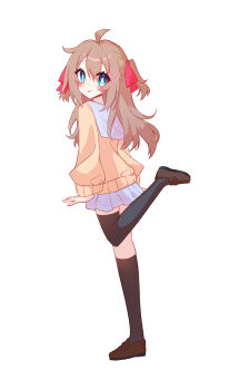 1girl absurdres ahoge animal_ears aqua_bow asymmetrical_legwear black_shoes black_socks black_thighhighs blue_eyes blue_sailor_collar blue_skirt bow brown_hair brown_shoes cardigan closed_mouth commentary_request from_behind full_body hair_between_eyes hair_ornament hair_ribbon heart heart_hair_ornament highres lingyou long_hair long_sleeves looking_at_viewer miniskirt neuro-sama red_ribbon ribbon sailor_collar shoes simple_background single_sock single_thighhigh skirt socks solo standing standing_on_one_leg tail tail_bow tail_ornament thighhighs tongue tongue_out two_side_up uneven_legwear vedal_ai virtual_youtuber white_background yellow_cardigan