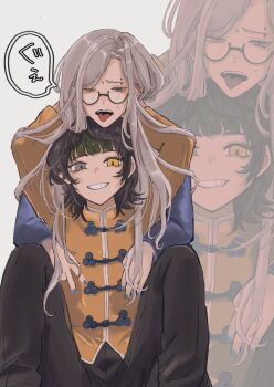 1boy 1girl black_hair black_pants blunt_bangs character_request commentary_request copyright_request cowboy_shot eyebrow_piercing face_piercing glasses grey_eyes grey_hair heterochromia highres hug jacket long_hair long_sleeves looking_at_viewer medium_hair open_mouth pants parted_bangs piercing sahi00000 smile speech_bubble tongue tongue_out translation_request yellow_eyes yellow_jacket zoom_layer