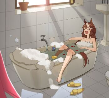 1girl absurdres animal_ears bathing bathroom bathtub brown_hair closed_eyes commentary_request convenient_censoring faucet highres horse_ears horse_girl horse_tail kkoz_555 long_hair multicolored_hair open_mouth petals plant potted_plant rubber_duck slippers smile soap_bubbles soap_censor solo streaked_hair tail tile_floor tiles tokai_teio_(umamusume) umamusume unworn_slippers white_hair window