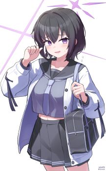 absurdres blue_archive blue_necktie brown_hair grey_sailor_collar grey_shirt grey_skirt hair_between_eyes halo highres looking_at_viewer medium_hair navel necktie purple_eyes purple_halo sailor_collar school_uniform serafuku shirt simple_background skirt subaru_(blue_archive) thighs ujuro white_background