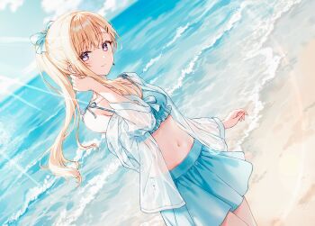 Rule 34 | 1girl, adjusting hair, ayase saki, beach, bikini, bikini skirt, blonde hair, blue bikini, blue bow, blue skirt, bow, breasts, closed mouth, commentary request, cowboy shot, dutch angle, earrings, gimai seikatsu, hair bow, hair ornament, hairclip, hiten (hitenkei), jewelry, light smile, long hair, looking at viewer, medium breasts, navel, ocean, official art, ponytail, purple eyes, second-party source, skirt, solo, standing, swimsuit, swimsuit cover-up