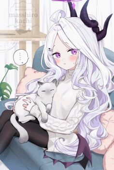 ... 1girl :| ahoge alternate_costume bad_id bad_pixiv_id black_pantyhose blue_archive blush cat closed_mouth commentary couch demon_horns demon_wings dress feet_out_of_frame grey_hair hina_(blue_archive) horns indoors long_hair long_sleeves looking_at_viewer masshirokachi multiple_horns on_couch pantyhose parted_bangs pink_hair sitting spoken_ellipsis sweatdrop sweater sweater_dress very_long_hair watermark white_cat white_dress wings