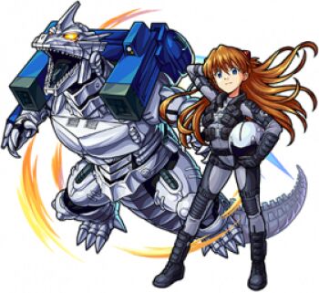 1girl alternate_costume ammunition_backpack artist_request back_unit blue_eyes blue_fire bodysuit brown_hair cannon claws cosplay cross_promotion crossover cyborg dinosaur exhaust fire flying gainax giant giant_monster giant_robot glowing glowing_eyes godzilla_(series) godzilla_against_mechagodzilla gun helmet horns jetpack kaiju khara_(animation_studio) kiryu_(godzilla) long_hair looking_at_viewer magnetic_weapon mecha mecha_pilot_suit mechagodzilla military military_uniform missile_launcher missile_pod mixi monster monster_strike multiple_crossover neon_genesis_evangelion no_pupils official_art pilot_helmet railgun rebuild_of_evangelion roaring robot rocket_launcher rocket_pod sharp_teeth shoulder_cannon simple_background smile souryuu_asuka_langley spikes teeth toho tongue transparent_background type-0_railgun weapon wrist_cannon wrist_gun yashiro_akane yashiro_akane_(cosplay) yellow_eyes