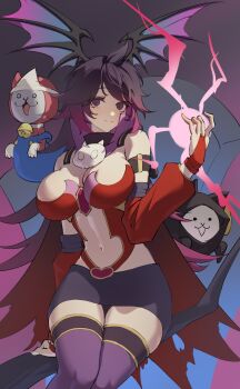 1girl bat_wings breasts cape cleavage fingerless_gloves gloves highres large_breasts legs long_hair looking_at_viewer magic navel original purple_eyes purple_hair sitting smile thick_thighs thighs toned very_long_hair wings