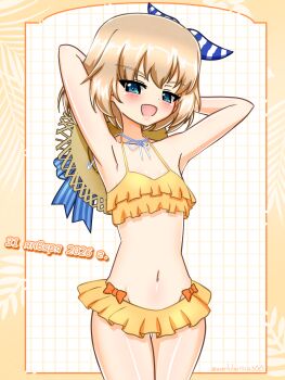Rule 34 | 1girl, armpits, arms behind head, arms up, bikini, bikini skirt, blonde hair, blue bow, blue eyes, blue ribbon, bob cut, bow, brown hat, commentary, cowboy shot, cyrillic, dated, earlobe1514366, fang, flat chest, frilled bikini, frills, girls und panzer, groin, hair ribbon, half-closed eyes, halterneck, hat, hat bow, hat on back, highres, katyusha (girls und panzer), looking at viewer, navel, open mouth, ribbon, russian text, short hair, smile, solo, standing, straw hat, swimsuit, thigh gap, twitter username, yellow bikini, yellow theme
