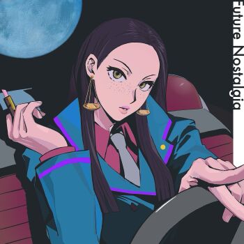 1girl ace_attorney ace_attorney_investigations ace_attorney_investigations:_miles_edgeworth black_hair blue_jacket calisto_yew collared_shirt cosmetics earrings freckles grey_necktie highres holding holding_lipstick_tube jacket jewelry lipstick_tube long_hair long_sleeves looking_at_viewer maplehmm necktie parted_lips pink_lips red_shirt shirt solo upper_body