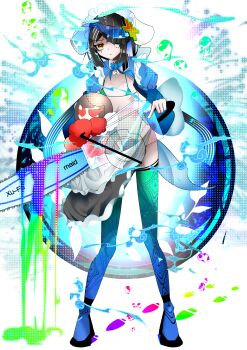 Rule 34 | 1girl, absurdres, adapted costume, anger vein, apron, bikini, black hair, black skirt, blue hat, blue shrug, breasts, brown eyes, chainsaw, fate/grand order, fate (series), full body, green bikini, green thighhighs, hair over one eye, hat, highres, kitsunebi44410, lady yu doll, long sleeves, looking at viewer, micro bikini, miniskirt, mole, mole under eye, short hair, shrug (clothing), skirt, small breasts, swimsuit, thighhighs, visor cap, waist apron, white apron, white hat, xu fu (fate), xu fu (swimsuit avenger) (first ascension) (fate)