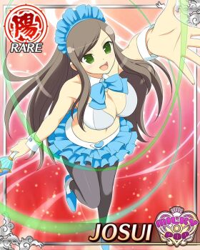 1girl black_pantyhose blue_bow blue_bowtie blue_headdress blue_skirt blue_vest border bow bowtie breasts brown_hair card_(medium) character_name cleavage detached_collar english_text frilled_skirt frills game_cg green_eyes henshin holding holding_wand idol_clothes josui_(senran_kagura) large_breasts long_hair looking_up midriff navel official_alternate_costume official_art open_mouth pantyhose reaching senran_kagura senran_kagura_new_wave skirt smile solo swept_bangs vest wand wrist_cuffs