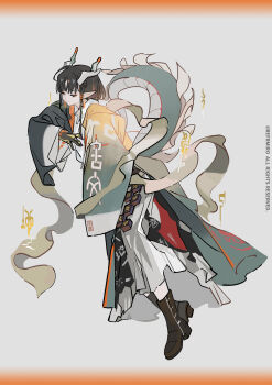 Rule 34 | 1girl, absurdres, arknights, arm at side, black hair, boots, braid, brown boots, chinese commentary, chinese text, closed mouth, coat, colored skin, commentary request, dragon girl, dragon horns, dragon tail, earrings, english text, eyeshadow, floating, full body, half-closed eyes, hand tattoo, hand up, highres, horns, jewelry, jie (arknights), leaning forward, long sleeves, makeup, multicolored hair, official artist extra, orange eyeshadow, orange streaks, pointy ears, shirt, short hair, side braid, skirt, sleeves past fingers, sleeves past wrists, smile, solo, tail, tassel, tassel earrings, tattoo, white shirt, wide sleeves, zheshe jing