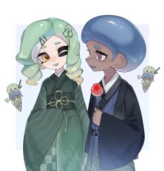 Rule 34 | 1boy, 1girl, absurdres, afro, blue hair, border, commentary, dark-skinned male, dark skin, fang, fangs, food, green hair, green kimono, grey background, hair ornament, hairclip, haori, highres, ice cream, japanese clothes, kimono, nintendo, octoling, octoling boy, octoling girl, octoling player character, one eye closed, open mouth, outside border, red eyes, rongyu1029, short hair, simple background, skin fang, smile, splatoon (series), tentacle hair, white border, yellow eyes