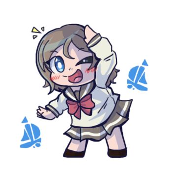 1girl blue_eyes bow bowtie chibi grey_hair looking_at_viewer love_live! love_live!_sunshine!! salute short_hair skirt smile solo uranohoshi_school_uniform watanabe_you