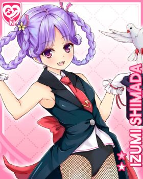 1girl :d bare_shoulders bird braid card_(medium) character_name coattails dove fang fishnet_pantyhose fishnets flower flower_ornament girlfriend_(kari) gloves hair_flower hair_ornament hat holding leotard leotard_under_clothes looking_at_viewer necktie official_art open_mouth pantyhose pink_background purple_eyes purple_hair qp:flapper red_necktie shimada_izumi shirt smile solo tailcoat top_hat twin_braids white_gloves white_shirt