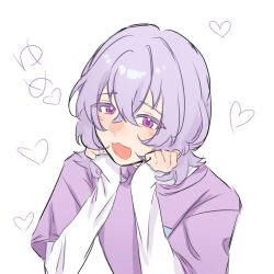 Rule 34 | 1boy, :3, androgynous, ensemble stars!, hanamura fuyume, head rest, heart, highres, long sleeves, looking at viewer, male focus, open mouth, purple eyes, purple hair, purple shirt, shirt, short hair, smile, solo, tomiyolka, translation request, white undershirt