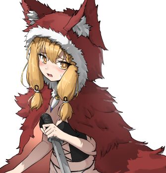 Rule 34 | 1girl, absurdres, allcy49, arknights, arknights: endfield, black souls, black souls 2, blonde hair, blush, breasts, bright pupils, cape, chinese commentary, cleavage, commentary request, cosplay, diamond-shaped pupils, diamond (shape), embarrassed, fur-trimmed hood, fur trim, hair tie, highres, holding, holding weapon, hood, hood up, hooded cape, looking at viewer, medium breasts, medium hair, mixed-language commentary, open mouth, partial commentary, red cape, red hood (black souls), red hood (black souls) (cosplay), rossi (arknights), sidelocks, simple background, solo, sweatdrop, symbol-shaped pupils, weapon, white background, white pupils, yellow eyes