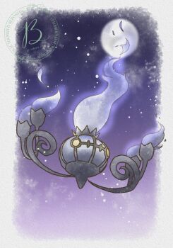 baya_(sakura_mint) blue_fire chandelure colored_sclera fire full_body full_moon gen_5_pokemon highres moon nintendo no_humans pokemon pokemon_(creature) pokemon_focus purple_fire solo yellow_eyes yellow_sclera