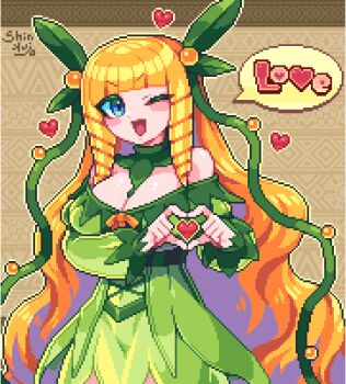 Rule 34 | 1girl, ;d, blonde hair, blunt bangs, bow, breasts, brown background, cleavage, commentary request, cowboy shot, curly sidelocks, detached collar, dress, dress bow, english text, green dress, green ribbon, hair ribbon, heart, heart hands, long hair, looking at viewer, monster girl, off-shoulder dress, off shoulder, one eye closed, open mouth, orange bow, original, pixel art, plant girl, ribbon, shinku castle, smile, solo, speech bubble, very long hair