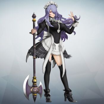 1girl 3d apron axe breasts camilla_(fire_emblem) female_focus fire_emblem fire_emblem_fates fire_emblem_warriors full_body hair_over_one_eye large_breasts lips long_hair maid maid_apron maid_headdress nintendo official_art ponytail purple_eyes purple_hair smile solo tiara very_long_hair wavy_hair weapon
