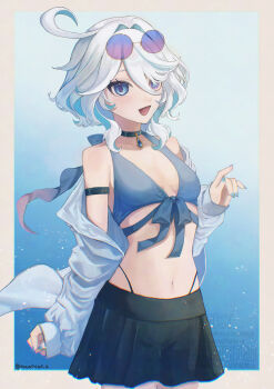 1girl :d absurdres ahoge alternate_costume arm_strap bikini bikini_under_skirt black_skirt blue_bikini blue_eyes blue_gemstone blue_hair blue_nails border breasts chromatic_aberration cleavage clothes_down collarbone colored_inner_hair cowboy_shot drop-shaped_pupils eyebrows_hidden_by_hair eyewear_on_head front-tie_bikini_top front-tie_top furina_(genshin_impact) gem genshin_impact grey_border hair_between_eyes hair_intakes heterochromia highleg highleg_bikini highres jewelry medium_hair miniskirt mismatched_pupils moika multicolored_hair nail_polish navel open_mouth pendant purple-tinted_eyewear round_eyewear skirt sleeves_past_wrists small_breasts smile standing sunglasses swimsuit symbol-shaped_pupils tinted_eyewear twitter_username two-tone_hair white_hair