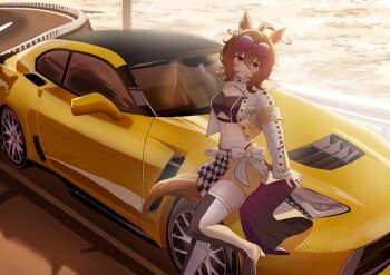 1girl absurdres agnes_tachyon_(umamusume) ahoge animal_ears armband brown_hair car eyewear_on_head hair_between_eyes highres horse_ears horse_girl horse_tail huge_ahoge leaning_against_vehicle looking_at_viewer medium_hair motor_vehicle nanaken_(qijian23092715) outdoors purple-tinted_eyewear race_queen red_eyes road solo sports_car tail tinted_eyewear umamusume vehicle_request yellow_armband yellow_car
