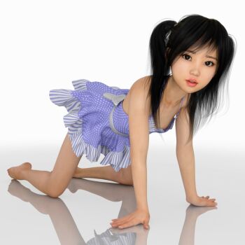 1girl 3d all_fours barefoot black_eyes black_hair blue_dress brown_eyes dress female_focus flat_chest highres lipstick loli looking_at_viewer makeup one-piece_dress reflection simple_background tagme takahashi twintails