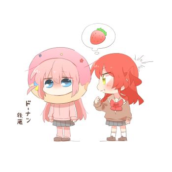 Rule 34 | 2girls, blue eyes, blush, bocchi the rock!, bow, bowtie, brown shoes, brown sweater, chibi, chibi only, closed mouth, commentary request, cube hair ornament, donut, food, food costume, fruit, full body, gotoh hitori, grey skirt, hair between eyes, hair ornament, hand up, jacket, kita ikuyo, long hair, long sleeves, multiple girls, no mouth, one side up, pants, pants under skirt, pink hair, pink jacket, pink pants, pleated skirt, rebecca (keinelove), red bow, red bowtie, red hair, sailor collar, school uniform, serafuku, shoes, shuka high school uniform, simple background, skirt, socks, speech bubble, spoken food, standing, strawberry, sweater, thought bubble, track jacket, translation request, white background, white sailor collar, white socks, yellow eyes