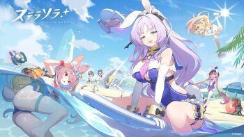 6+girls amber_(stella_sora) animal_ears armband beach beach_umbrella beach_volleyball bikini black_hair black_ribbon blonde_hair blue_hair blue_one-piece_swimsuit blue_sky bow bowtie bracelet breasts cleavage_cutout clothing_cutout cloud collared_halterneck commentary_request competition_swimsuit copyright_logo copyright_name cosette_(stella_sora) crop_top cuffs day drone elbow_gloves female_tyrant_(stella_sora) frilled_armband frills gloves grey_eyes grey_hair hair_ribbon high_ponytail highres innertube iris_(stella_sora) jewelry karin_(stella_sora) knees_together_feet_apart large_breasts logo looking_at_viewer mistique_(stella_sora) mole mole_on_thigh monolith_(object) multiple_girls neckerchief nishiki_kazue noya_(stella_sora) ocean official_art one-piece_swimsuit open_mouth outdoors palm_tree pink_hair pink_neckerchief ponytail purple_hair purple_one-piece_swimsuit rabbit_ears rabbit_girl rabbit_tail red_bow red_bowtie red_eyes ribbon sandals scrunchie shackles shia_(stella_sora) shirt sky sleeveless sleeveless_shirt smile squatting standing stella_sora sun sunlight surfboard swim_ring swimsuit tail thigh_strap thighs tree tyrant_(stella_sora) umbrella water white_bikini white_gloves white_hair white_shirt wrist_scrunchie yostar