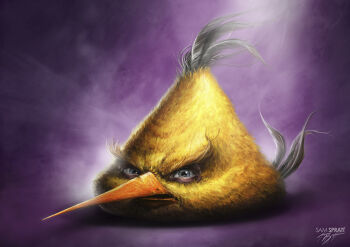 1boy angry angry_birds animal_focus artist_name bird blue_eyes chuck_(angry_birds) feathers full_body green_background long_beak looking_at_viewer purple_background realistic sam_spratt signature solo triangle yellow_feathers