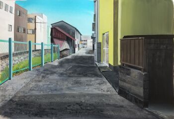 apartment blue_sky brick_wall building chain-link_fence commentary day fence harusa1107 highres no_humans original outdoors painting_(medium) path railroad_tracks road scenery sky symbol-only_commentary track_ballast traditional_media window