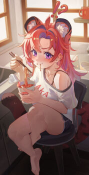!? 1girl absurdres ahoge animal_ear_fluff animal_ears barefoot black_shorts blush chair chopsticks collarbone commentary crying cup day dolphin_shorts eating english_commentary feet food from_above full_body hair_intakes highres holding holding_chopsticks holding_food indoors instant_cup_noodles instant_noodles kitchen long_hair looking_at_viewer multicolored_hair noodles on_chair original print_shirt purple_eyes red_hair shirt shorts single_bare_shoulder sitting solo spicy tail tiger_ears tiger_tail toes toga_(toganawa) virtual_youtuber white_shirt