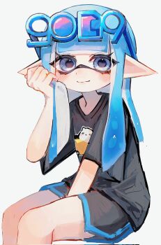 1girl black_shirt black_shorts blue-framed_eyewear blue_eyes blue_hair blue_trim closed_mouth corrupted_twitter_file dolphin_shorts eyelashes highres inkling inkling_girl inkling_player_character invisible_chair kodak_painter long_hair looking_at_viewer nintendo pointy_ears print_shirt shirt shorts simple_background sitting smile solo splatoon_(series) splatoon_3 sunglasses t-shirt tentacle_hair white_background