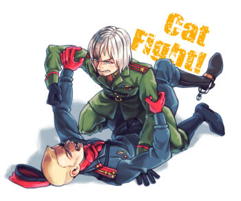 Rule 34 | !, 2boys, beret, blonde hair, blue eyes, english text, fighting, gloves, hat, metal gear (series), metal gear solid 3: snake eater, military uniform, multiple boys, nappooz, raikov, red gloves, revolver ocelot