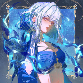 1girl blue_bra blue_nails bra breasts chinese_commentary commentary_request earrings galbrena_(wuthering_waves) grey_hair hair_between_eyes hair_intakes hand_up highres jewelry looking_at_viewer medium_breasts medium_hair mian_tu_qiu parted_lips purple_eyes solo underwear upper_body very_long_fingernails wuthering_waves