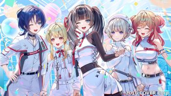 Rule 34 | 5girls, ahoge, arm belt, asymmetrical sleeves, belt, belt collar, beret, black bodysuit, blue eyes, blunt bangs, blush, bodysuit, bodysuit under clothes, bow, bowtie, breast pocket, breasts, cargo pants, chest harness, closed eyes, clothes writing, clothing cutout, collar, company name, copyright notice, covered navel, cowboy shot, crop top, crossed bangs, detached sleeves, dress shirt, flat chest, formal clothes, hair ribbon, harness, hat, high collar, highres, hiodoshi ao, hiodoshi ao (regloss uniform), holding hands, hololive, hololive dev is, ichijou ririka, ichijou ririka (regloss uniform), jewelry, juufuutei raden, juufuutei raden (regloss uniform), lapels, large breasts, layered shirt, leotard, long hair, long sleeves, looking at viewer, medium breasts, midriff, mole, mole under mouth, multicolored hair, multiple girls, nail polish, navel, necklace, official alternate costume, official art, one eye closed, orange eyes, orange hair, otonose kanade, otonose kanade (regloss uniform), pants, parted bangs, pleated skirt, pocket, purple eyes, purple hair, red bow, red bowtie, regloss (hololive), ribbon, samo cha, shirt, shirt tucked in, short hair, short shorts, shorts, shoulder cutout, side-by-side, side ponytail, sidelocks, single detached sleeve, skirt, sleeves rolled up, small breasts, smile, star pin, streaked hair, suit, tank top, teeth, todoroki hajime, todoroki hajime (regloss uniform), twintails, two side up, upper teeth only, virtual youtuber, white hat, white leotard, white shirt, white shorts, white skirt, white tank top, wolf cut