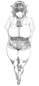 1girl absurdres animal_ear_hairband animal_ears animal_print arms_behind_back bell blush borrowed_character breasts button_gap closed_mouth collared_shirt cow_ear_hairband cow_ears cow_girl cow_horns cow_print cow_print_thighhighs cowbell curvy dress_shirt fake_animal_ears fake_horns fanged_bangs full_body futao_miruku_(riki) greyscale hair_ribbon hairband highres horn_hairband horns indinu large_breasts mole mole_on_thigh mole_under_eye monochrome neck_bell original plump print_thighhighs revision ribbon shirt shirt_tucked_in shoes short_shorts short_sleeves shorts simple_background sneakers solo thick_thighs thighhighs thighs twintails white_background wide_hips wing_collar