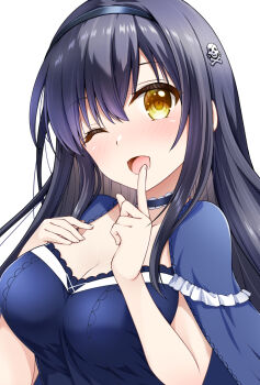 1girl ;d black_camisole black_choker black_hair black_hairband blue_capelet blush bone_hair_ornament breast_suppress breasts camisole capelet chibinon choker cleavage collarbone colored_eyelashes commentary eyelashes frilled_capelet frilled_choker frills hair_between_eyes hair_ornament hairband hands_up happy highres index_finger_raised kushima_kamome large_breasts long_hair looking_at_viewer one_eye_closed open_mouth simple_background skull_and_crossbones skull_hair_ornament smile solo straight_hair summer_pockets upper_body white_background yellow_eyes