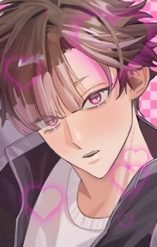 1boy black_hair brown_hair checkered_background commentary_request eyes_visible_through_hair heart highres jacket kaijuu_no._8 korean_commentary looking_at_viewer male_focus multicolored_hair narumi_gen open_clothes open_jacket pink_hair purple_eyes short_hair solo streaked_hair two-tone_hair zaehee_lee
