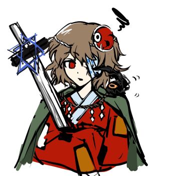 1other ametsukana_yago androgynous annoyed bandage_over_one_eye brown_hair cape creature creature_on_shoulder cropped_torso crossed_arms gouged_eye green_cape hexagram holding holding_sword holding_weapon japanese_clothes kimono len'en long_sleeves looking_at_creature mask mask_on_head noh_mask on_shoulder other_focus otogisum3 parted_lips patchwork_clothes red_eyes red_kimono red_mask rope shide shimenawa short_hair simple_background solo squiggle star_of_david sword weapon white_background wide_sleeves