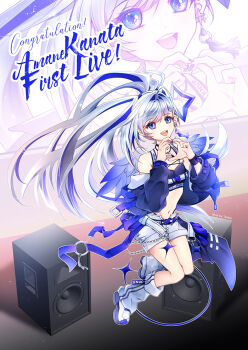 1girl amane_kanata amane_kanata_(lock_on) bare_shoulders belt black_choker black_jacket black_sports_bra blue_eyes blue_hair blue_halo blue_wings breasts character_name choker collarbone commentary_request crossed_bangs fingernails full_body gradient_hair gradient_wings grey_hair hair_between_eyes halo heart hololive jacket jewelry leg_warmers long_hair long_sleeves looking_at_viewer midriff mini_wings multicolored_hair multicolored_wings nail_polish navel necklace official_alternate_costume open_mouth parted_bangs short_shorts shorts single_hair_intake small_breasts smile solo speaker sports_bra star_halo stomach tenkei tilted_halo virtual_youtuber white_belt white_hair white_leg_warmers white_shorts white_wings wings