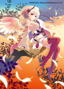 1girl bare_shoulders blush boots bow branch breasts brown_bow brown_sky character_request closed_mouth cloud commentary_request copyright_notice detached_sleeves feathered_wings feathers gradient_sky hair_between_eyes high_ponytail horns in_tree japanese_clothes kimono long_sleeves official_art outdoors pleated_skirt ponytail red_boots red_eyes red_thighhighs santa_matsuri sitting sitting_on_branch skirt sky sleeveless sleeveless_kimono sleeves_past_fingers sleeves_past_wrists small_breasts smile solo sunset thigh_boots thighhighs tree watermark white_bow white_feathers white_hair white_kimono white_skirt white_sleeves white_wings wide_sleeves wings z/x