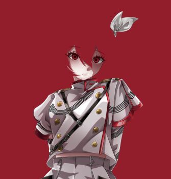 1girl absurdres closed_mouth grey_jacket grey_skirt hair_between_eyes highres jacket kasane_teto kasane_teto_(sv) looking_at_viewer luv_xuo red_background red_eyes red_trim ribbon shoulder_belt shoulder_boards simple_background skirt solo synthesizer_v utau white_ribbon