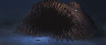 1girl boat dark dredge_(video_game) full_body highres holding holding_oar imbanox9 jagged_rocks mini_person minigirl night oar plank railing rock rowboat scenery size_difference solo standing watercraft wooden_board